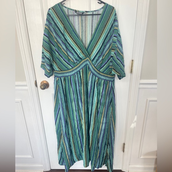 Bloomchic Plus Size  18-20 Striped  Maxi Dress Green Slit V Neck Boho - Picture 1 of 7